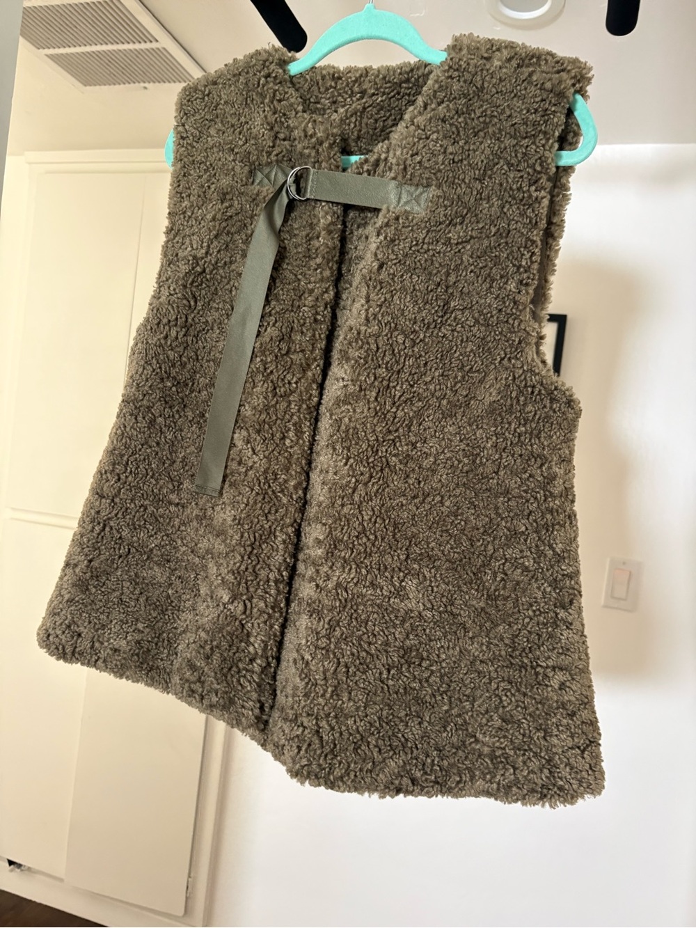Plush Olive Faux Shearling Vest with Front Tie